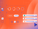 On an orange gradient background are boxes that represent SLDS 2 components one might design in Figma, include buttons, checkboxes, and toggles.