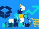 Illustration representing the Total Addressable Market. Puzzle pieces symbolizing market segments are being assembled to form a box, representing the total market size. A shopping cart and magnifying glass highlight market analysis, with an upward arrow signifying market growth potential.