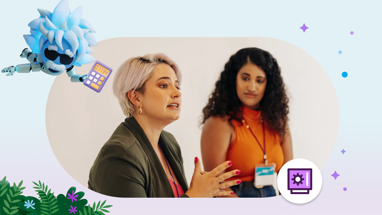 Two women on a speaking panel in business casual attire with a decorative border featuring Agent Einstein holding a calculator in the top left-hand corner and a small Financial Services icon in the bottom right-hand corner