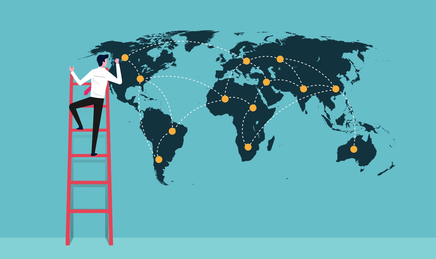 Illustration showing a business owners on a ladder marketing penetration to the globe.
