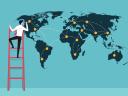 Illustration showing a business owners on a ladder marketing penetration to the globe.