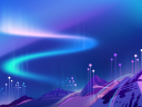 On a purple-blue gradient background is an illustration of a mountain range, with beams of light topped with nodes that represent agents. There's an aurora in the sky.