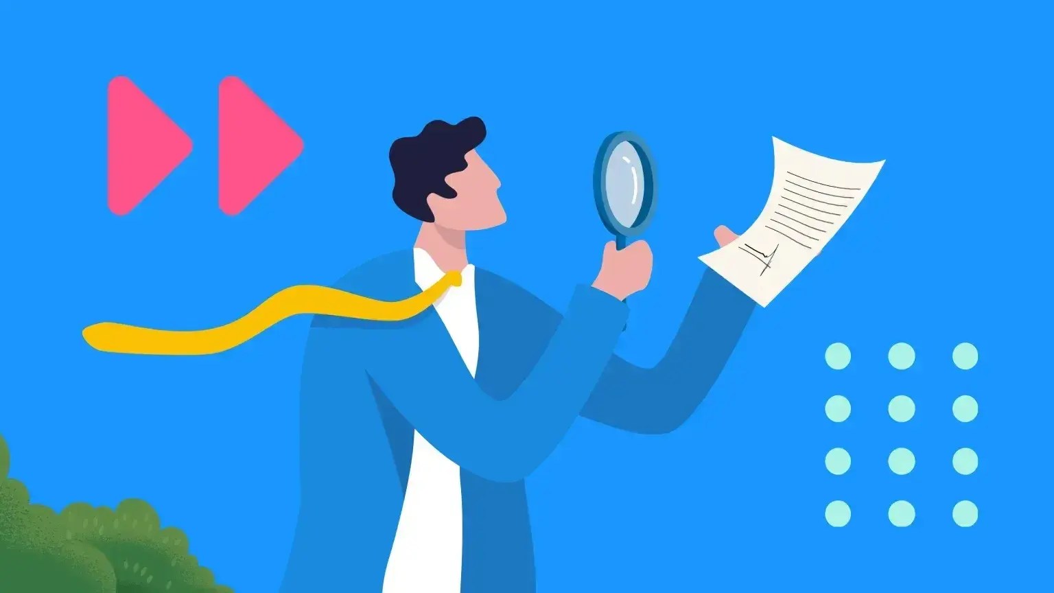 A person in a blue suit and yellow tie uses a magnifying glass to examine a document, illustrating the process of product led sales.