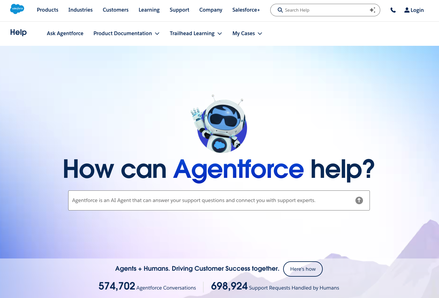 Landing page for Salesforce Help, with a large "How can Agentforce help?" input area in the center.