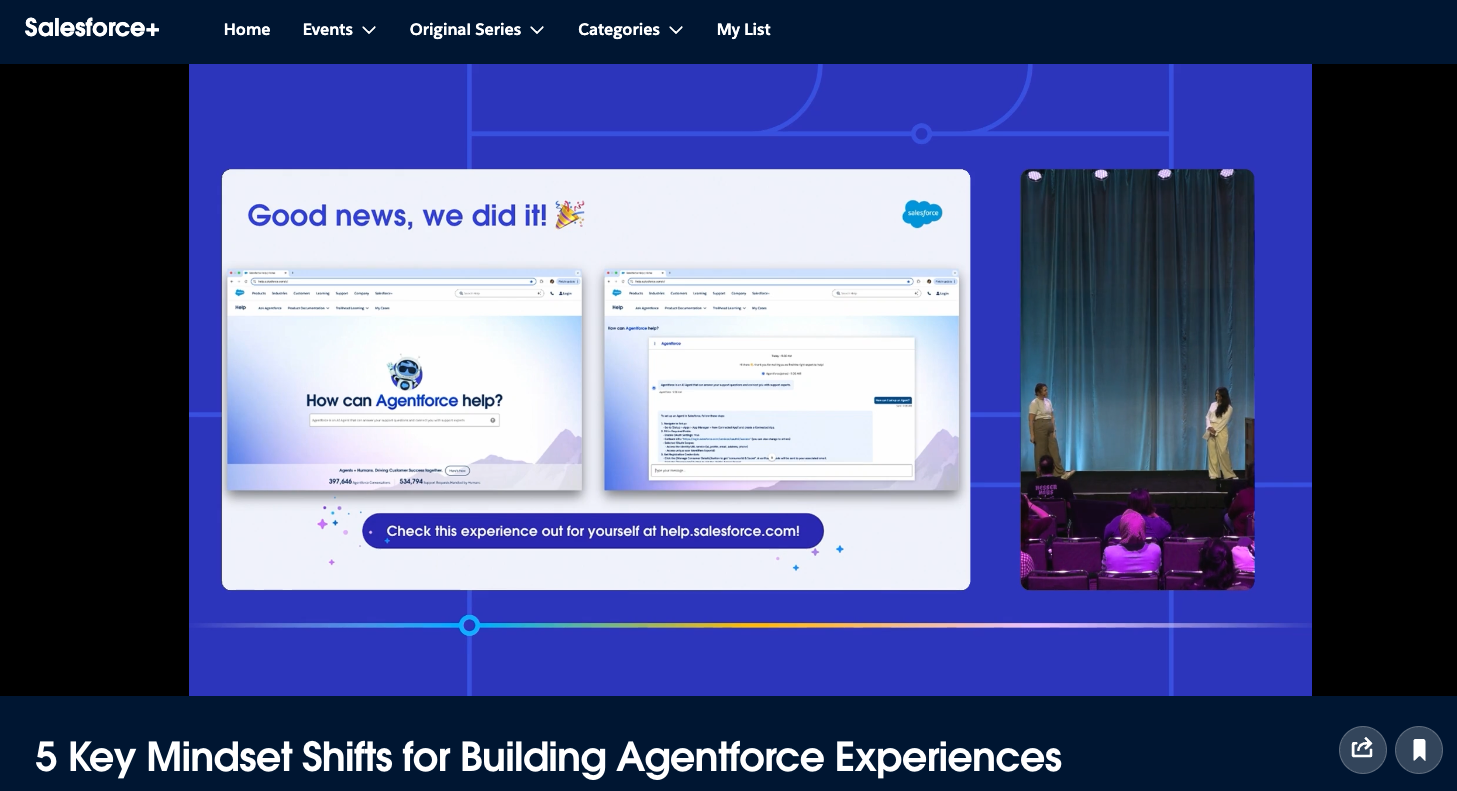 Salesforce+ screenshot of the video "5 Key Mindset Shifts for Building Agentforce Experiences."