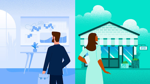 Illustration showing a startup on the left vs a small business on the right.