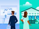 Illustration showing a startup on the left vs a small business on the right.