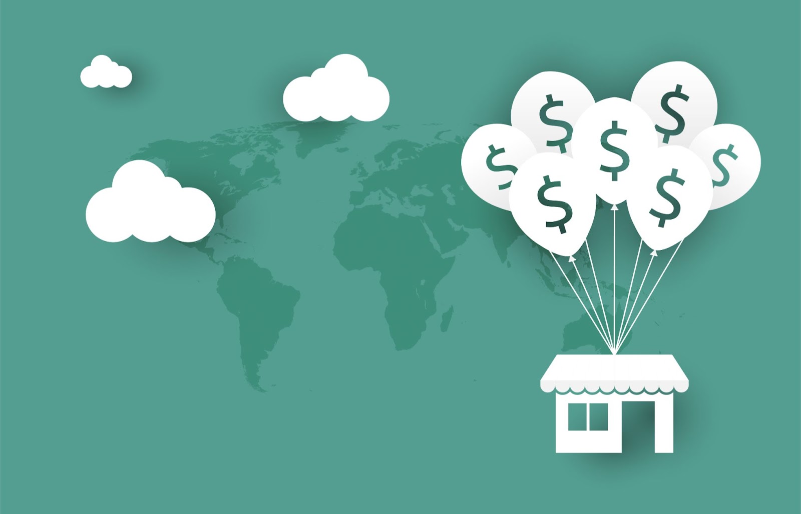 Illustration showing TAM SAM SOM growth method through a small business floating above the globe with dollar sign balloons.