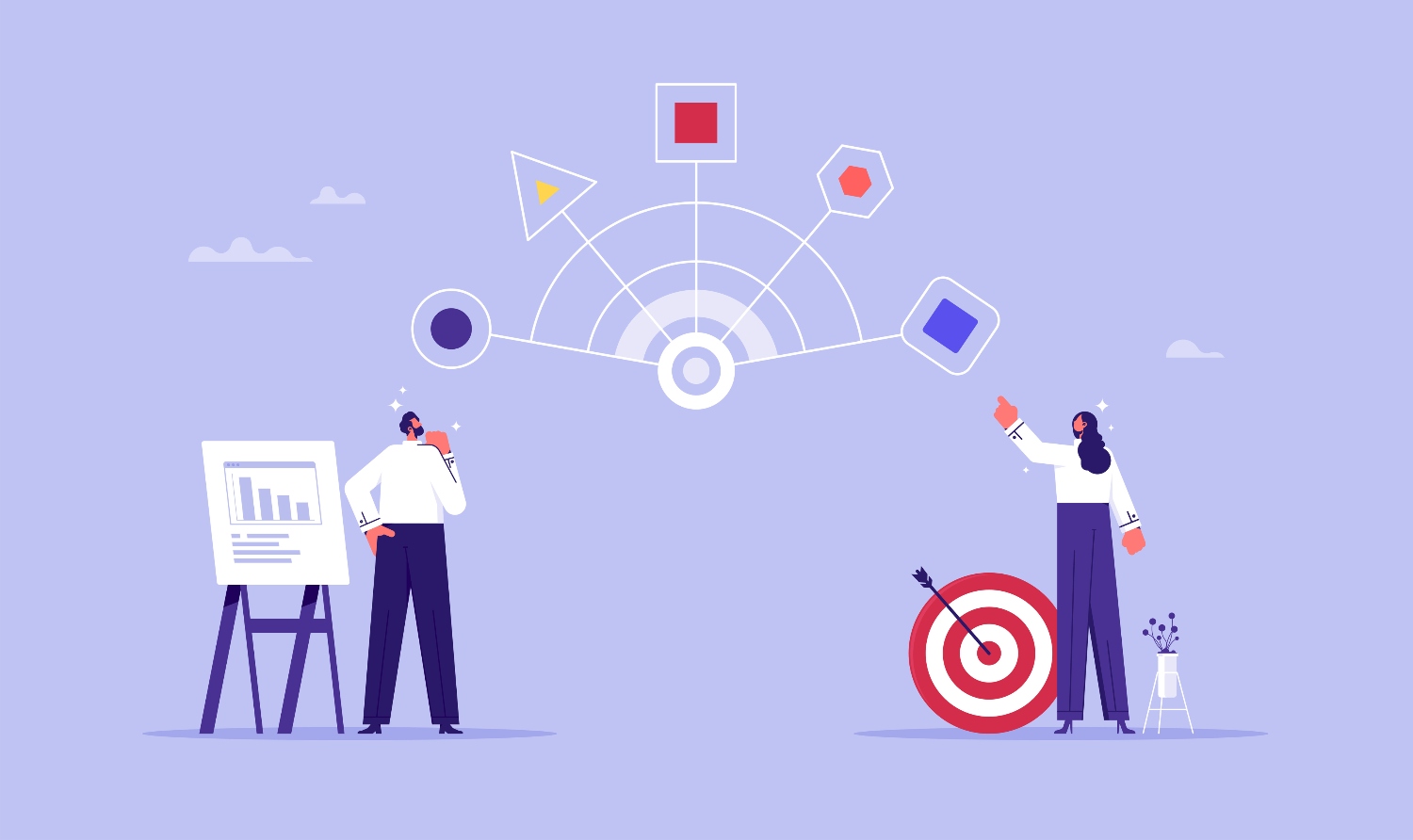 Illustration of crm and team with goals on purple