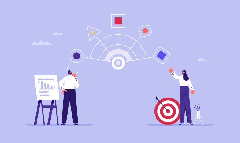Illustration of crm and team with goals on purple