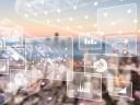 Illustration showing business intelligence against a city backdrop.