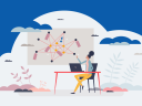 Illustration of a woman at a desk, with a depiction of connected bits of information in a node-link diagram in the background.