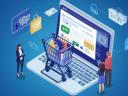 Illustration showing an online store with small business owners and a shopping cart.