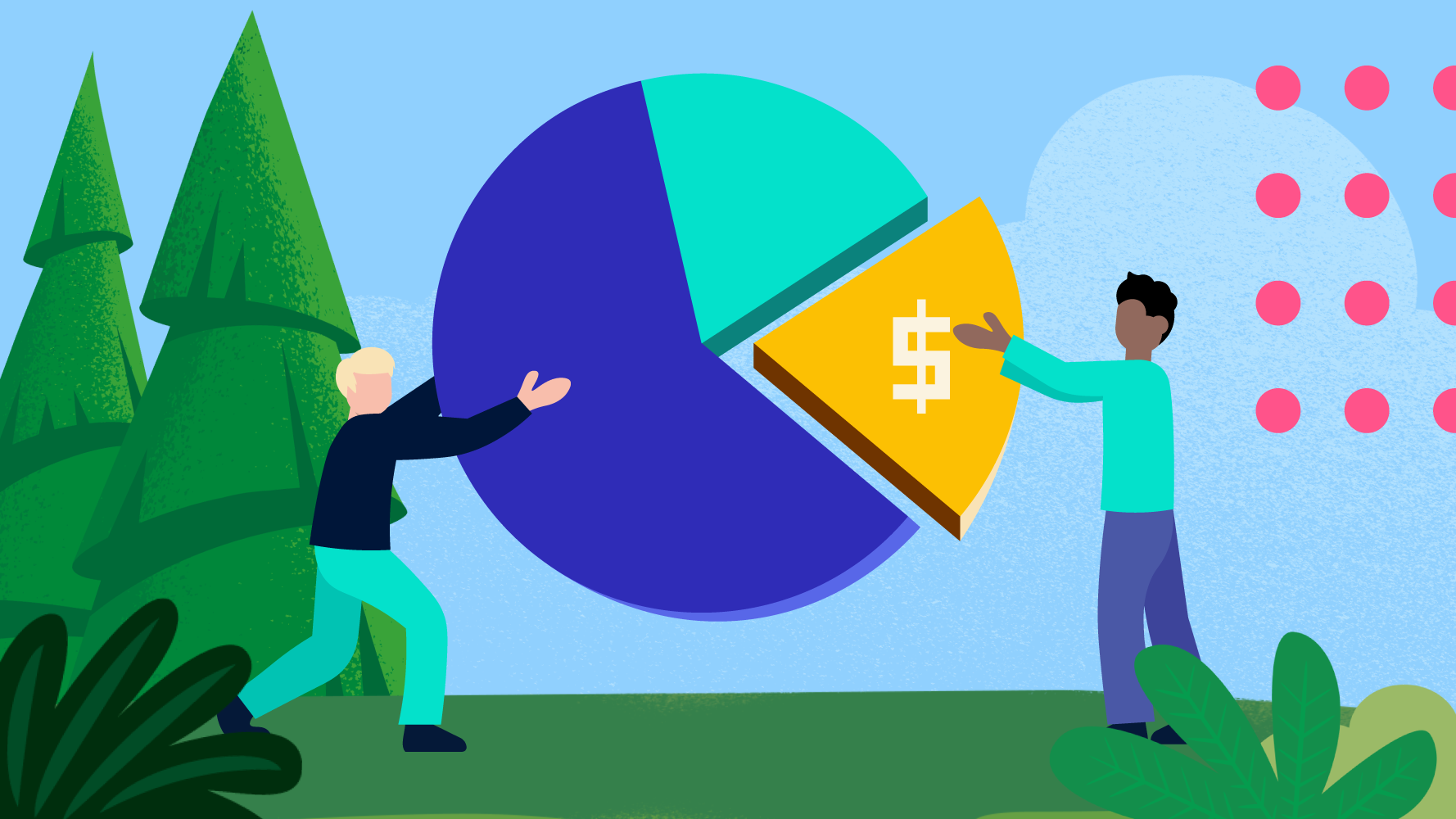 Two people collaborate to complete a pie chart, with a golden slice featuring a dollar sign representing the net retention rate.