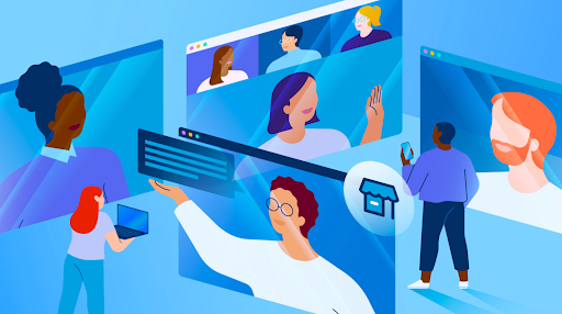 Illustration showing free webinars hosted by small business owners on various screens.