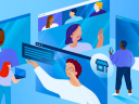 Illustration showing free webinars hosted by small business owners on various screens.