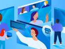 Illustration showing free webinars hosted by small business owners on various screens.