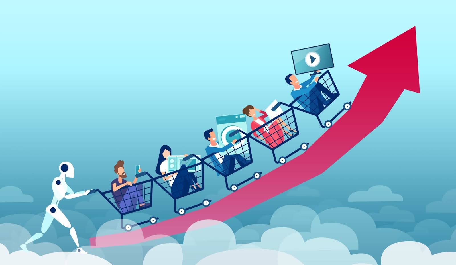 Illustration showing an AI agent pushing a team up an arrow in shopping carts, showing how to attract customers for growth.