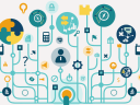 A colorful illustration of a network with nodes of different sizes containing an assortment of icons representing data.
