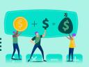 Illustration of three salespeople holding oversized $$$ and bags of money to represent promotional pricing