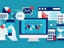 Illustration showcasing sales automation mashup for startups including computers, apps, and tools.