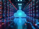A server room features a blue cloud.