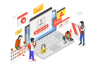 An illustration showing people around a laptop experiencing an error.