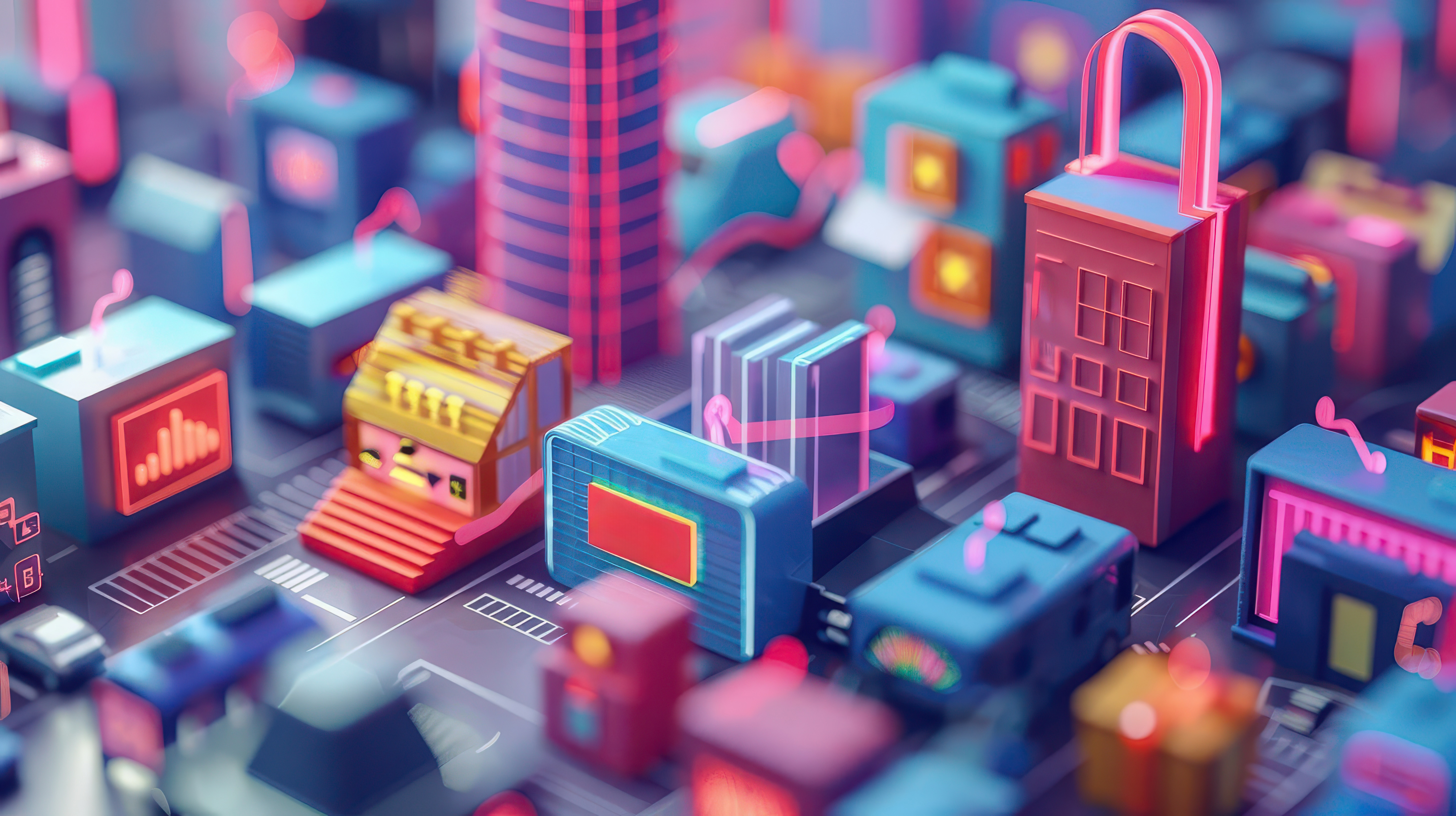 A vibrant and colorful digital cityscape featuring detailed buildings and illuminated structures.