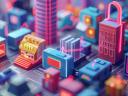 A vibrant and colorful digital cityscape featuring detailed buildings and illuminated structures.