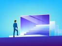 A man in a business suit walks up a set of stairs: agentic AI pilot launch