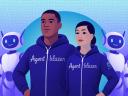 Illustration of a man and a woman wearing purple Agentblazer hoodies, with helpful AI agent robots next to them