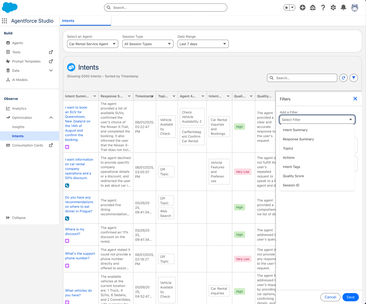 The "Intents" tab of Agentforce Studio to show that Observability uses Intent tags that categorize actual conversations agents are having.