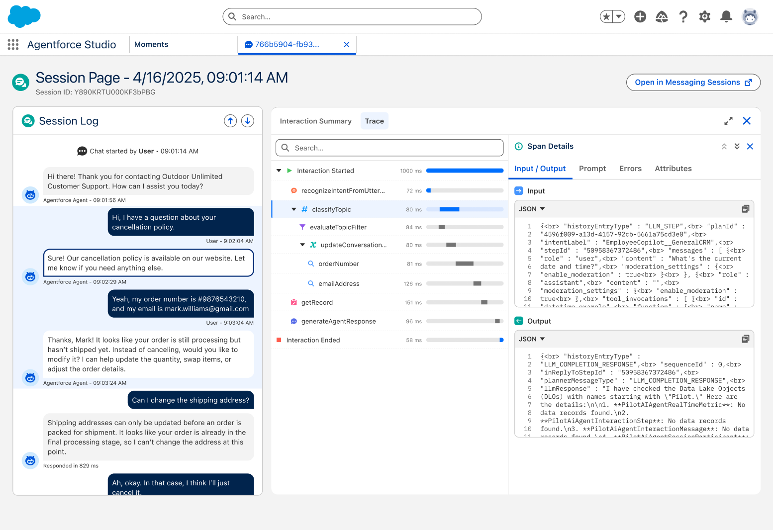 Second of two related images that show session trace details. Observability allows you to inspect the session trace to see conversation-level details such as which topics and actions are triggered, latency and quality score.