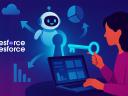 Illustration of a woman holding a key at her laptop, activating an AI agent robot
