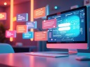 Colorful, glowing image of a desktop monitor with floating boxes of content before it as if dynamically assembling a digital interface.