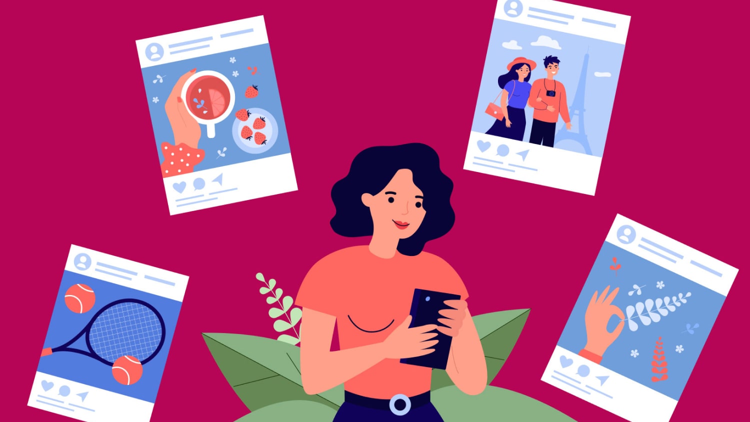 [Illustration] A woman uses social media for customer service.