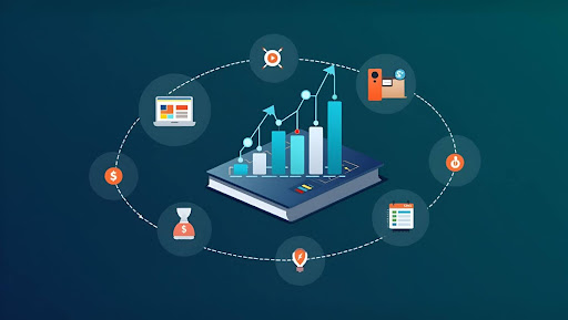 Illustration showing the cycle of growth through affiliate marketing with arrows in a circle towards business icons.