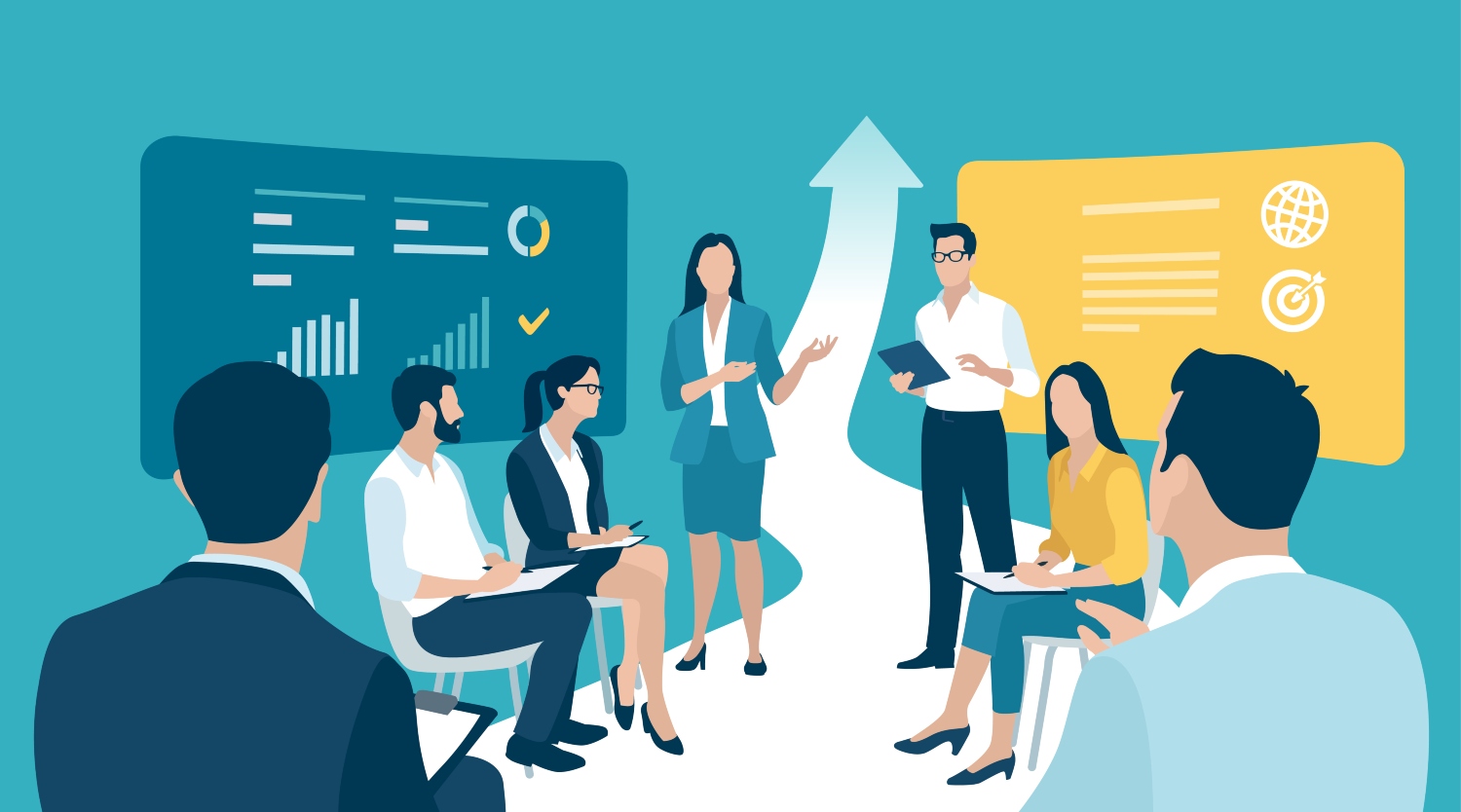 Illustration of Small business owners creating a case study with client testimonials and results data on two boards with a growth arrow.