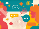 Colorful, flat illustration of two people in profile talking to each other, representing conversation design. There are different styles of speech bubbles floating between them.
