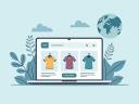 Illustration of a commerce storefront shop on a computer screen showing three shirts on a hanger.