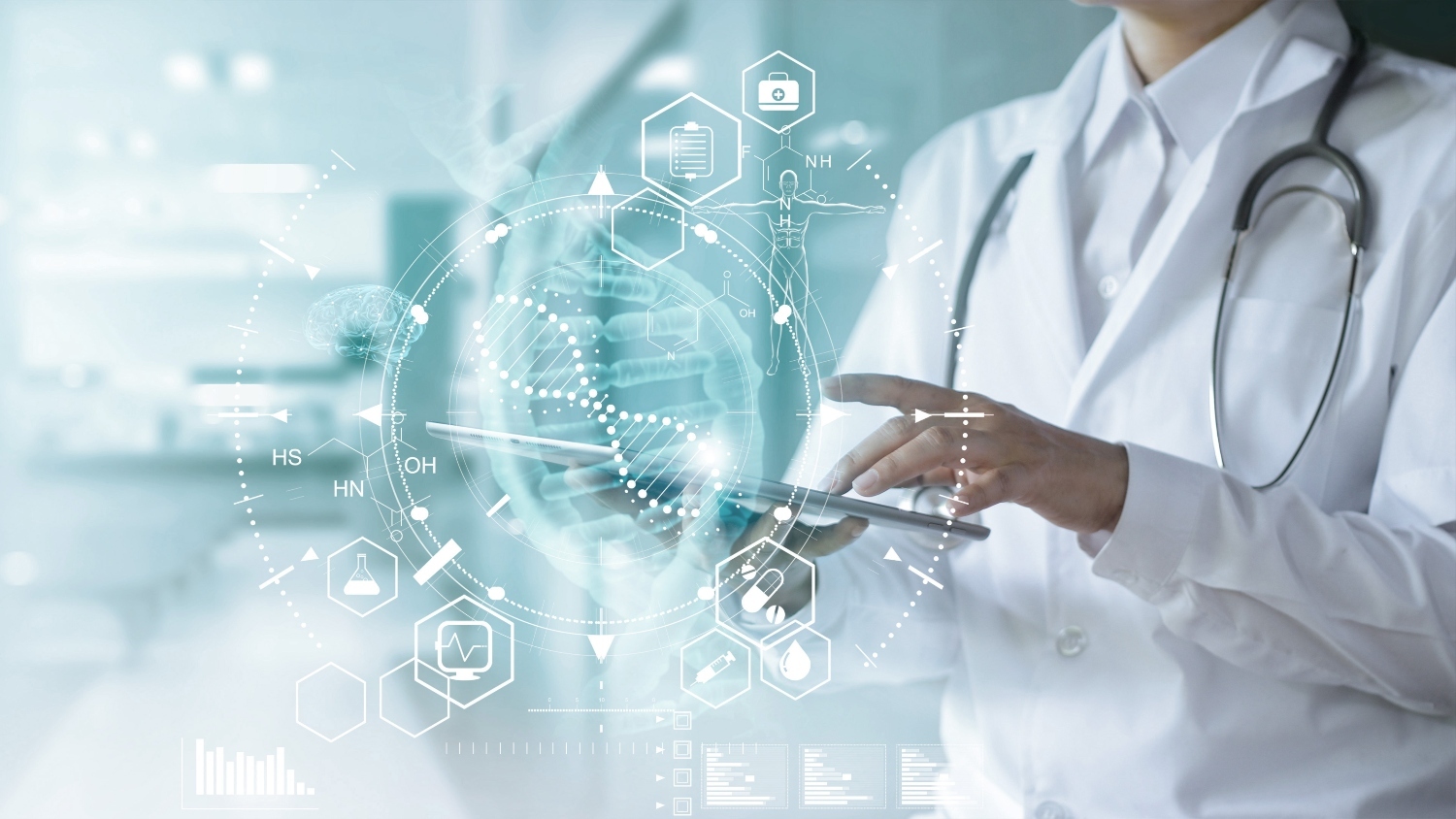 Image of a doctor in a lab coat, holding a tablet, with a graphical overlay of medical symbols