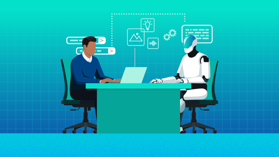 Illustration of a person and a humanoid AI robot sitting across from each other at a desk, with digital icons above them.
