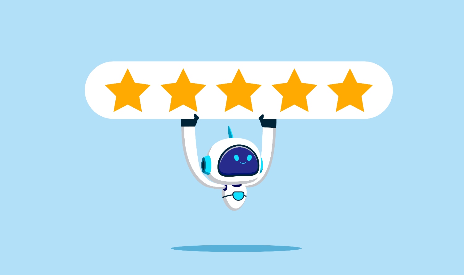 Customer service AI chatbot holding up a white sign with five stars on it, denoting excellent service.