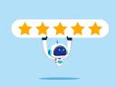 Customer service AI chatbot holding up a white sign with five stars on it, denoting excellent service.