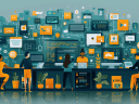 Illustration of a long table with diverse co-workers sitting and standing with their computers. There's a collage of shapes in the background that represent digital screens and connectivity.
