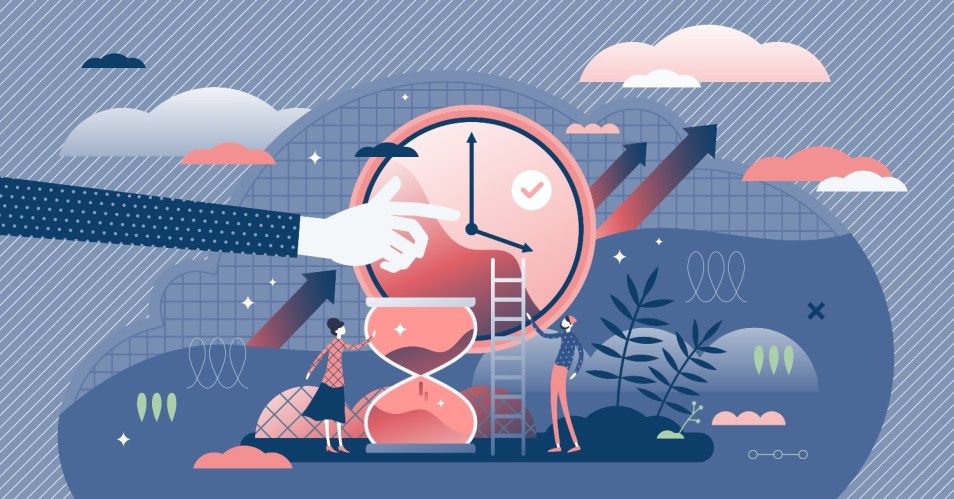 Illustration showcasing a small business team navigating project management on an oversized computer in a cartoon style.