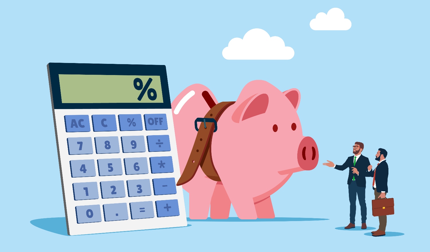 Illustration showing a business owner creating a budget with worksheets and a calculator.