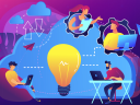 On a purple gradient background are four illustrations of people working at computers situated around an oversized lightbulb superimposed on a large blue cloud signifying hybrid collaboration.