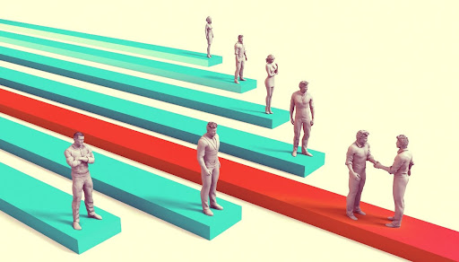 Illustration of a sales team on their own trajectory arrows showing a sales coach result.