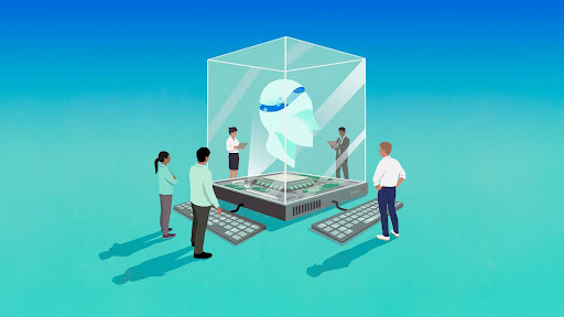 An illustration showing people standing around a human head enclosed in glass.